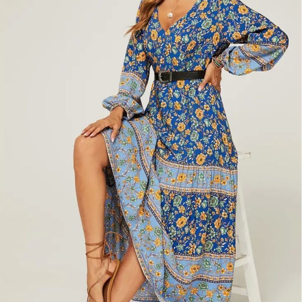 Gorgeous Boho Gold Floral Midi Summer Dress In Blue (without belt) Hippie